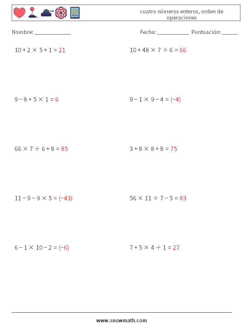 (10) cuatro números enteros, orden de operaciones Hojas de trabajo de matemáticas 13 Pregunta, respuesta