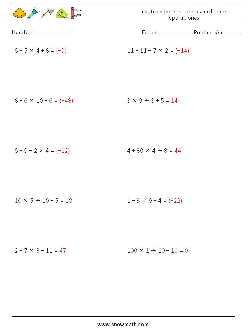 (10) cuatro números enteros, orden de operaciones Hojas de trabajo de matemáticas 14 Pregunta, respuesta