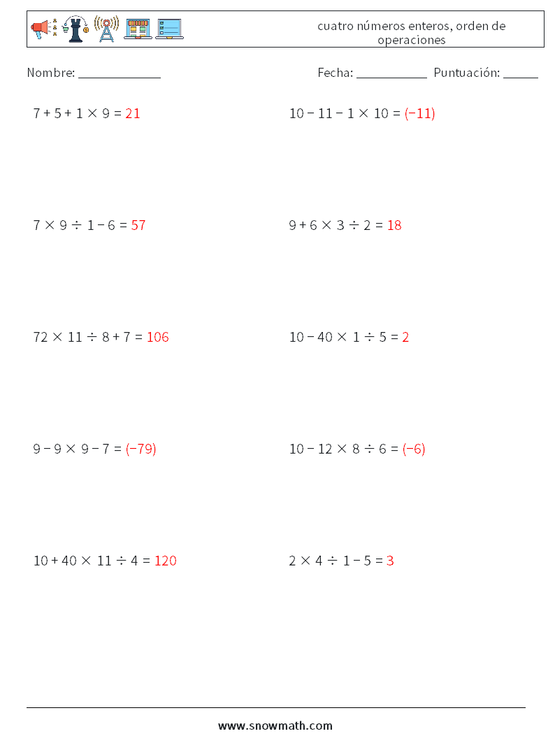 (10) cuatro números enteros, orden de operaciones Hojas de trabajo de matemáticas 16 Pregunta, respuesta