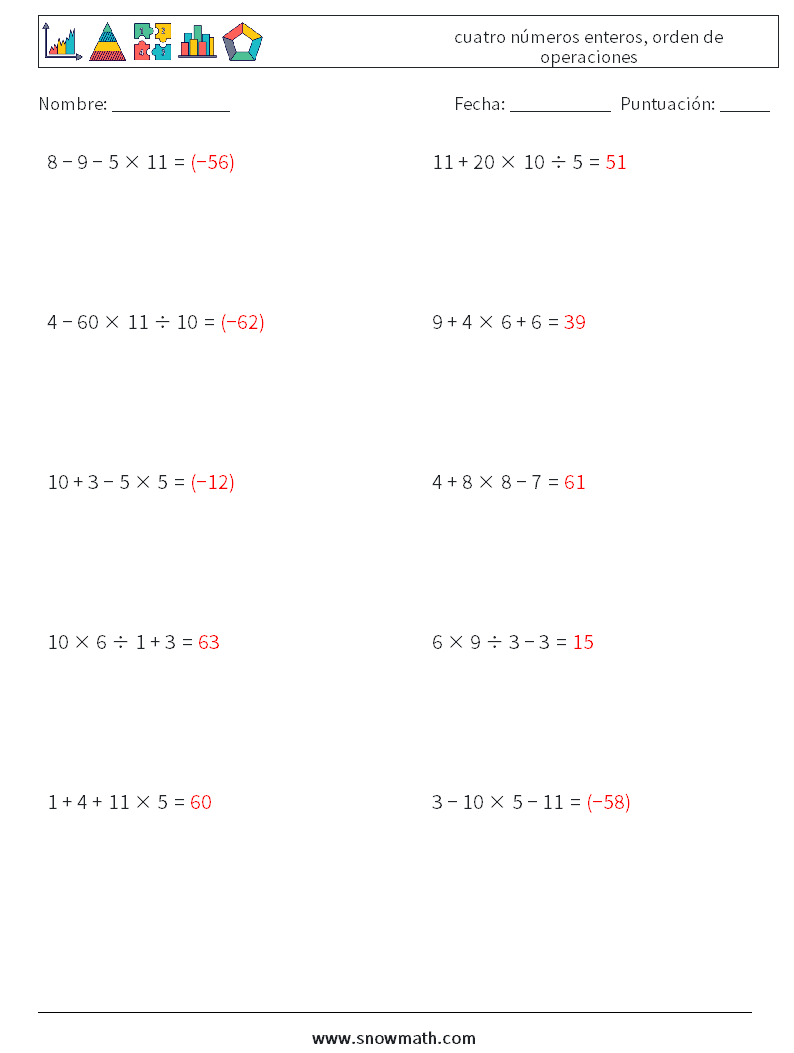 (10) cuatro números enteros, orden de operaciones Hojas de trabajo de matemáticas 17 Pregunta, respuesta