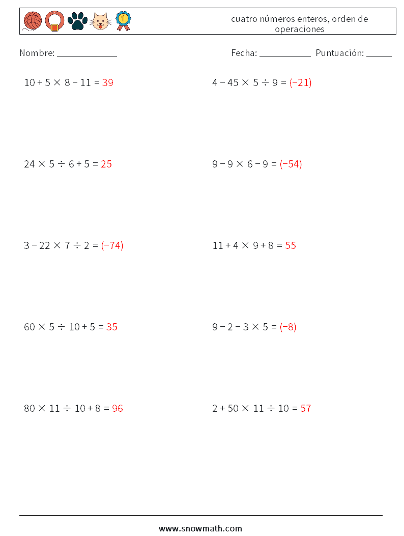 (10) cuatro números enteros, orden de operaciones Hojas de trabajo de matemáticas 18 Pregunta, respuesta