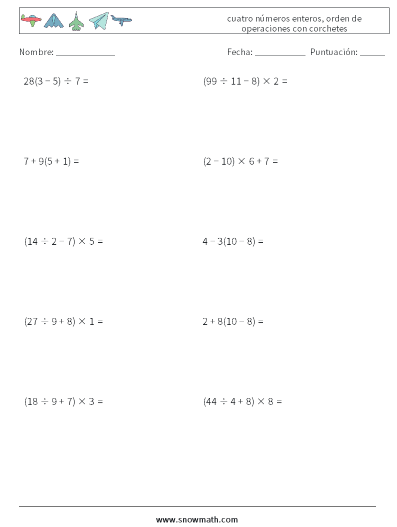 (10) cuatro números enteros, orden de operaciones con corchetes Hojas de trabajo de matemáticas 11