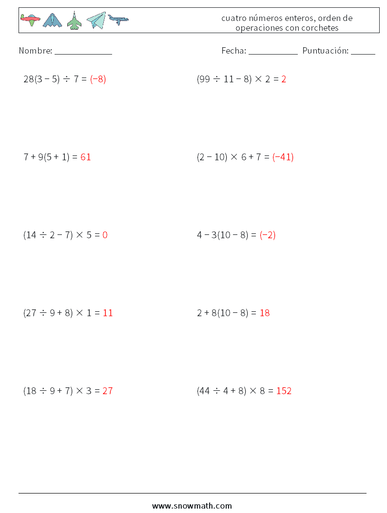 (10) cuatro números enteros, orden de operaciones con corchetes Hojas de trabajo de matemáticas 11 Pregunta, respuesta