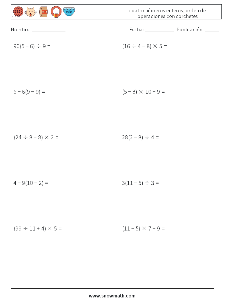 (10) cuatro números enteros, orden de operaciones con corchetes Hojas de trabajo de matemáticas 12