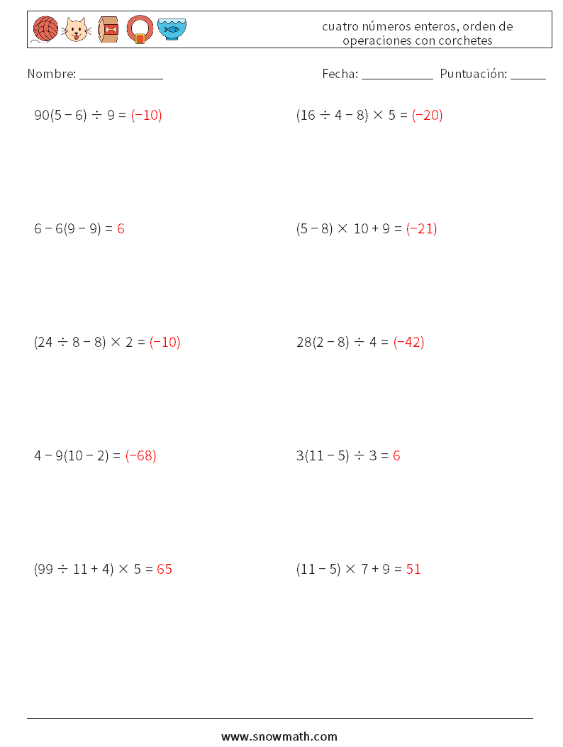(10) cuatro números enteros, orden de operaciones con corchetes Hojas de trabajo de matemáticas 12 Pregunta, respuesta