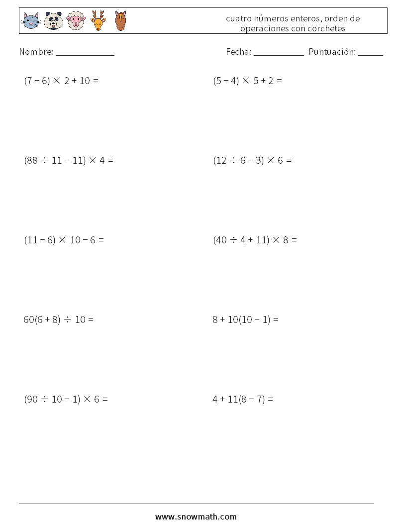 (10) cuatro números enteros, orden de operaciones con corchetes Hojas de trabajo de matemáticas 13