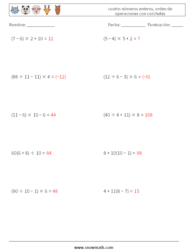 (10) cuatro números enteros, orden de operaciones con corchetes Hojas de trabajo de matemáticas 13 Pregunta, respuesta