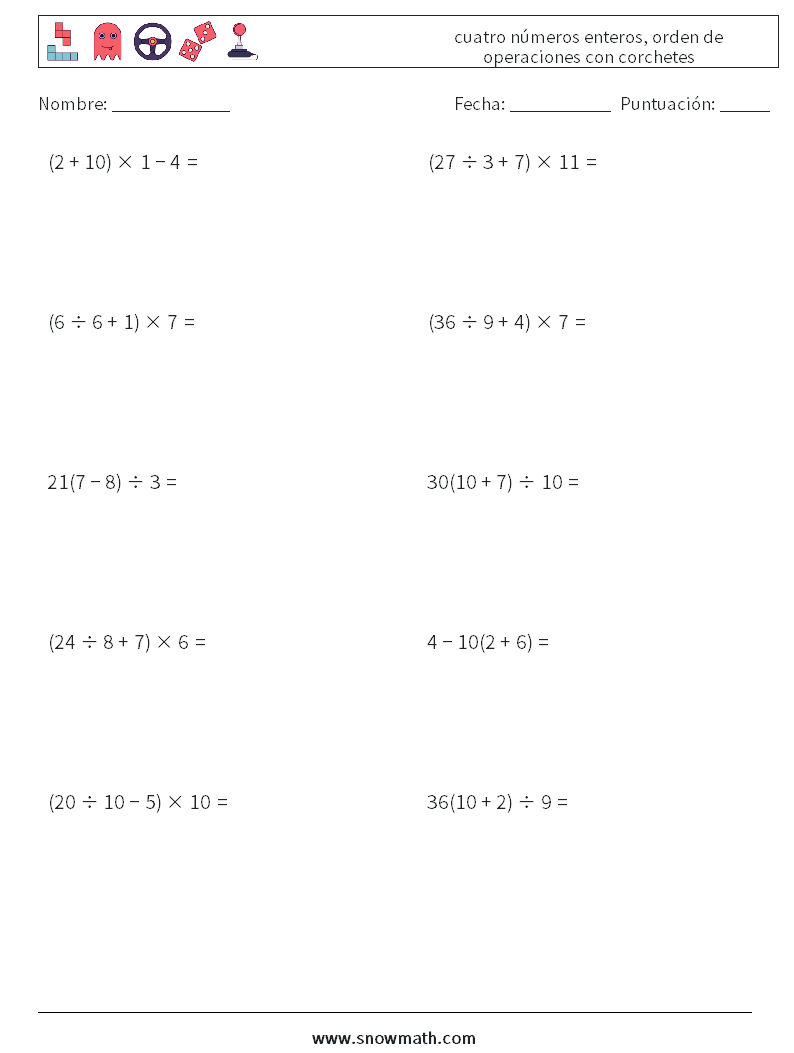 (10) cuatro números enteros, orden de operaciones con corchetes Hojas de trabajo de matemáticas 14