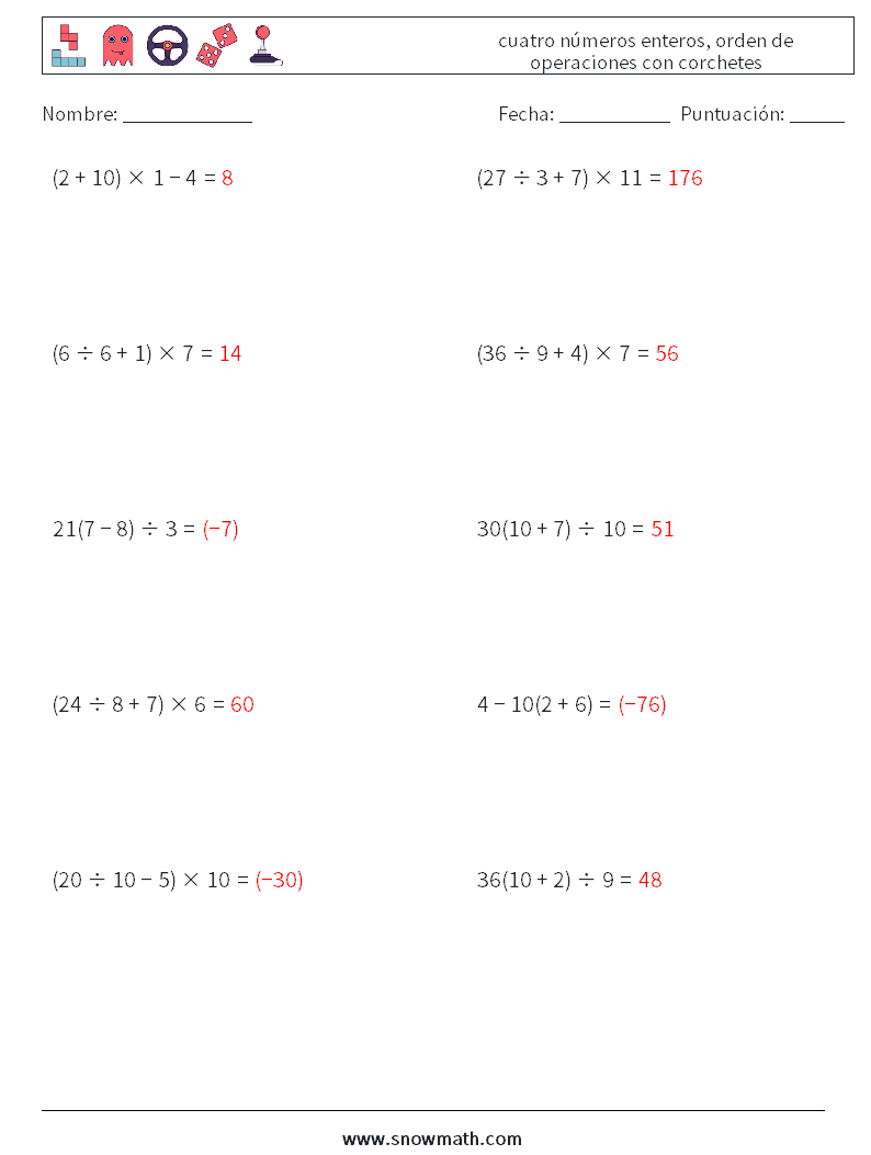 (10) cuatro números enteros, orden de operaciones con corchetes Hojas de trabajo de matemáticas 14 Pregunta, respuesta