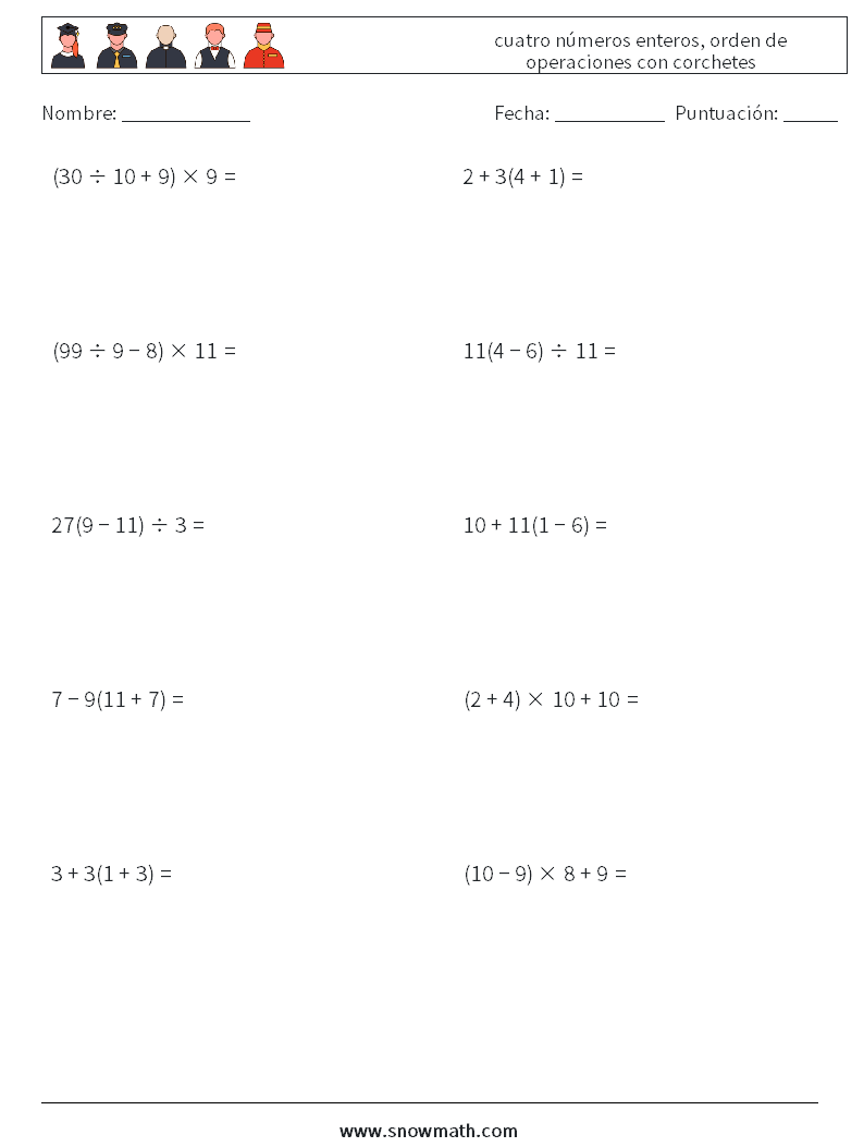(10) cuatro números enteros, orden de operaciones con corchetes Hojas de trabajo de matemáticas 15