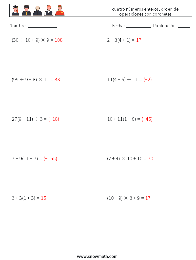 (10) cuatro números enteros, orden de operaciones con corchetes Hojas de trabajo de matemáticas 15 Pregunta, respuesta