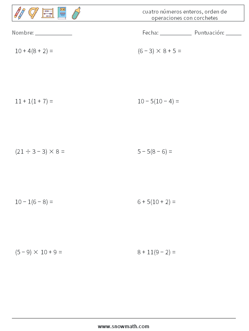 (10) cuatro números enteros, orden de operaciones con corchetes Hojas de trabajo de matemáticas 17