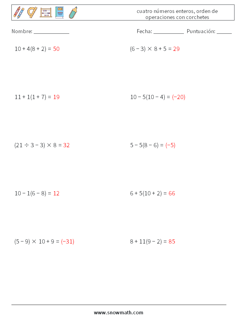 (10) cuatro números enteros, orden de operaciones con corchetes Hojas de trabajo de matemáticas 17 Pregunta, respuesta