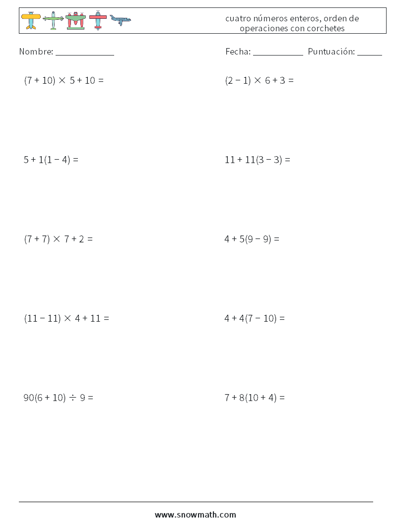 (10) cuatro números enteros, orden de operaciones con corchetes Hojas de trabajo de matemáticas 18
