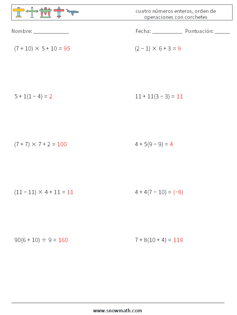 (10) cuatro números enteros, orden de operaciones con corchetes Hojas de trabajo de matemáticas 18 Pregunta, respuesta