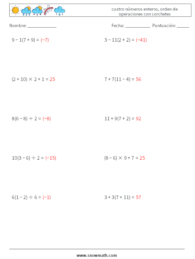 (10) cuatro números enteros, orden de operaciones con corchetes Hojas de trabajo de matemáticas 1 Pregunta, respuesta