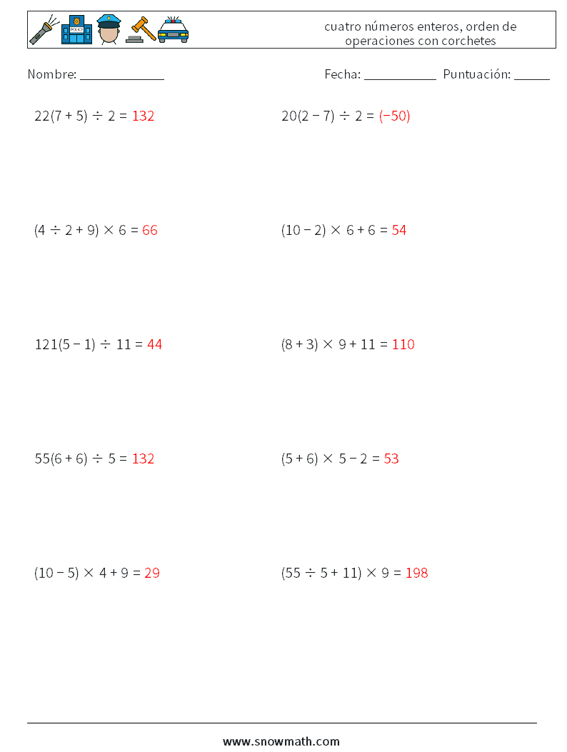(10) cuatro números enteros, orden de operaciones con corchetes Hojas de trabajo de matemáticas 2 Pregunta, respuesta