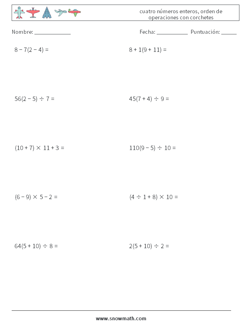 (10) cuatro números enteros, orden de operaciones con corchetes Hojas de trabajo de matemáticas 3