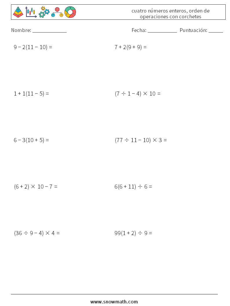 (10) cuatro números enteros, orden de operaciones con corchetes Hojas de trabajo de matemáticas 5
