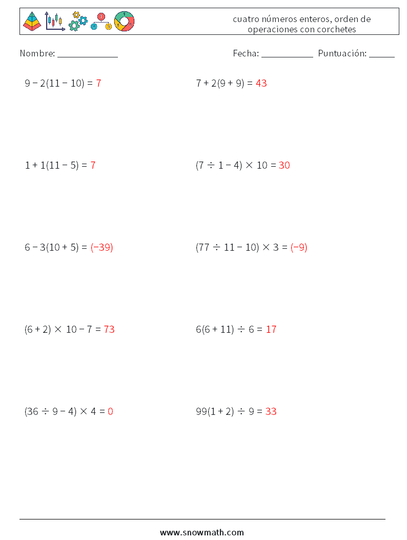 (10) cuatro números enteros, orden de operaciones con corchetes Hojas de trabajo de matemáticas 5 Pregunta, respuesta