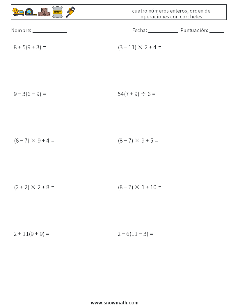 (10) cuatro números enteros, orden de operaciones con corchetes Hojas de trabajo de matemáticas 7