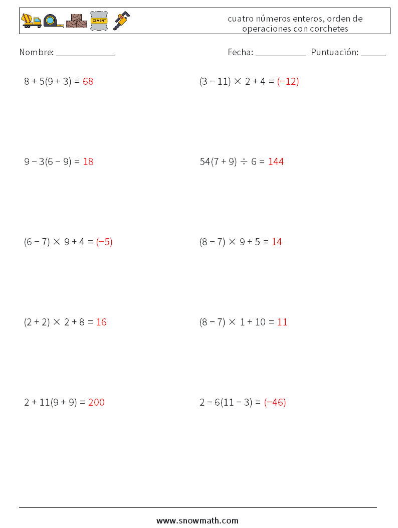 (10) cuatro números enteros, orden de operaciones con corchetes Hojas de trabajo de matemáticas 7 Pregunta, respuesta