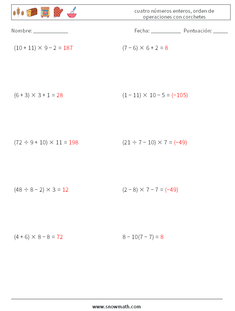 (10) cuatro números enteros, orden de operaciones con corchetes Hojas de trabajo de matemáticas 8 Pregunta, respuesta