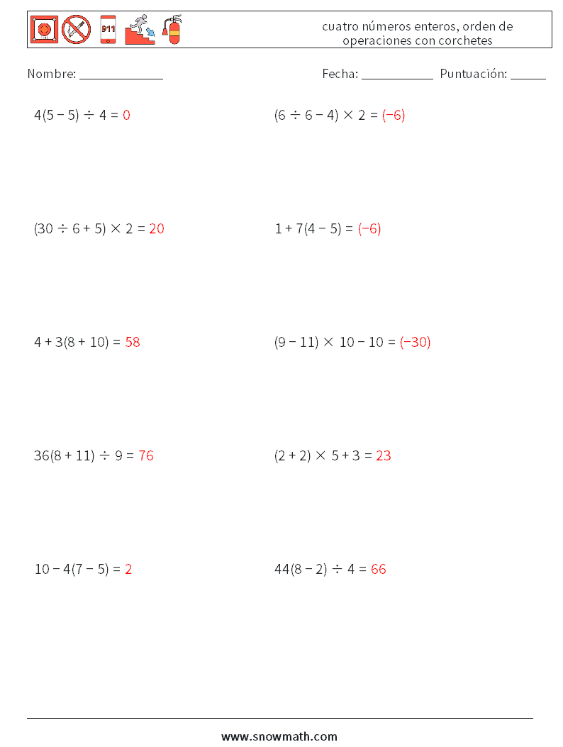 (10) cuatro números enteros, orden de operaciones con corchetes Hojas de trabajo de matemáticas 9 Pregunta, respuesta