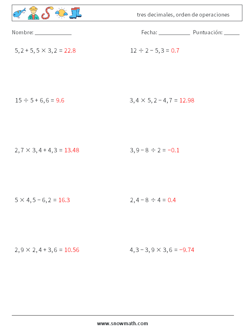(10) tres decimales, orden de operaciones Hojas de trabajo de matemáticas 10 Pregunta, respuesta