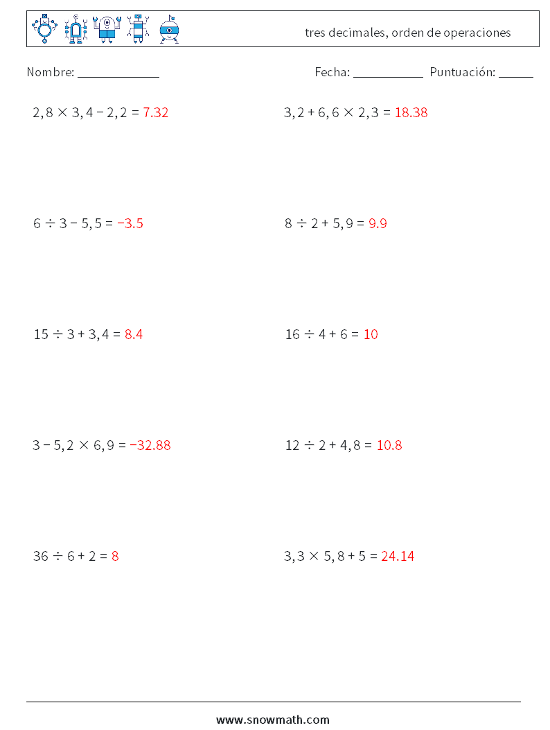 (10) tres decimales, orden de operaciones Hojas de trabajo de matemáticas 11 Pregunta, respuesta