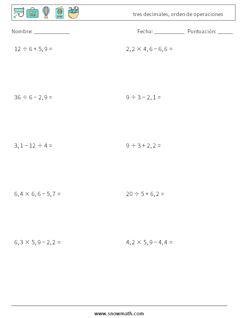 (10) tres decimales, orden de operaciones Hojas de trabajo de matemáticas 12