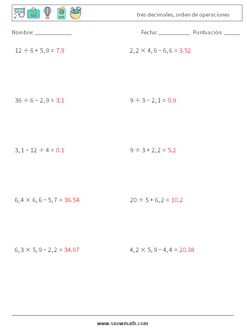 (10) tres decimales, orden de operaciones Hojas de trabajo de matemáticas 12 Pregunta, respuesta