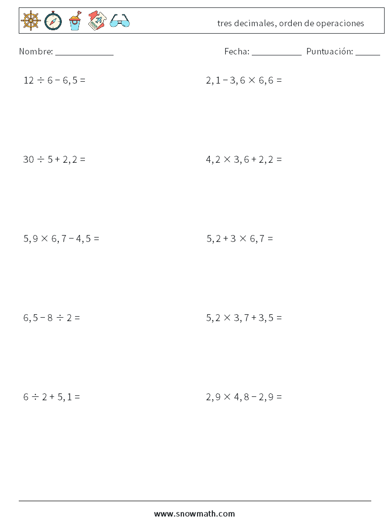 (10) tres decimales, orden de operaciones Hojas de trabajo de matemáticas 13