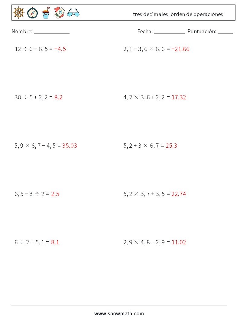 (10) tres decimales, orden de operaciones Hojas de trabajo de matemáticas 13 Pregunta, respuesta
