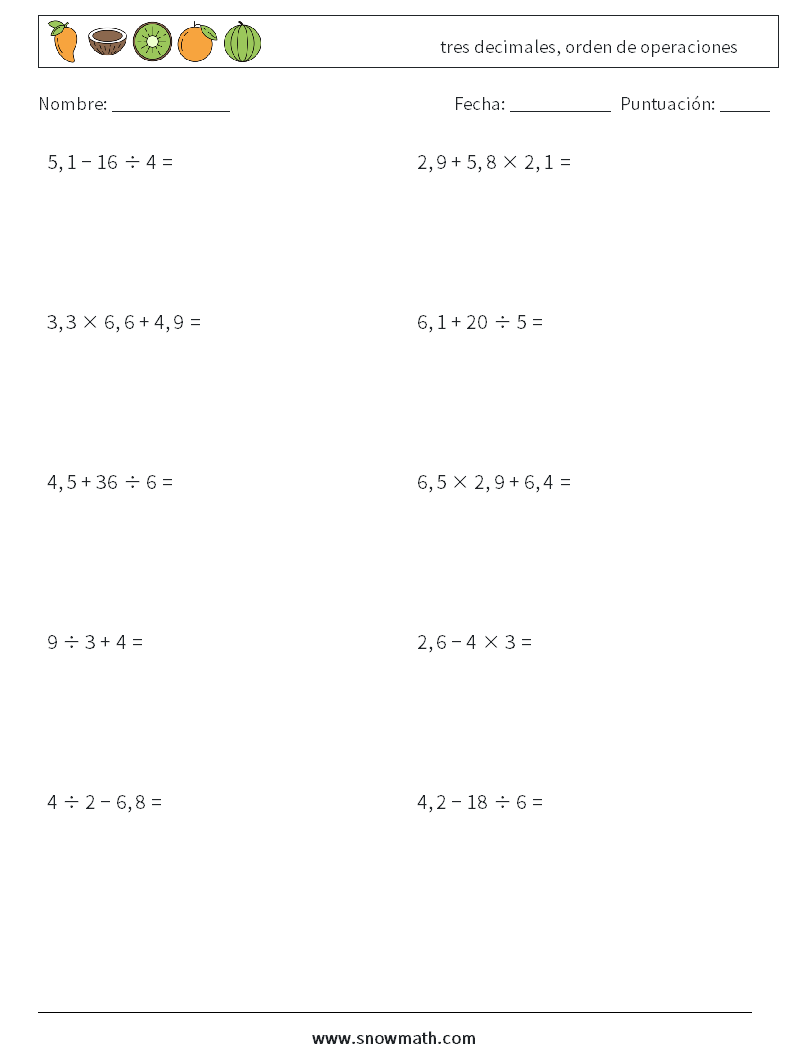(10) tres decimales, orden de operaciones Hojas de trabajo de matemáticas 14