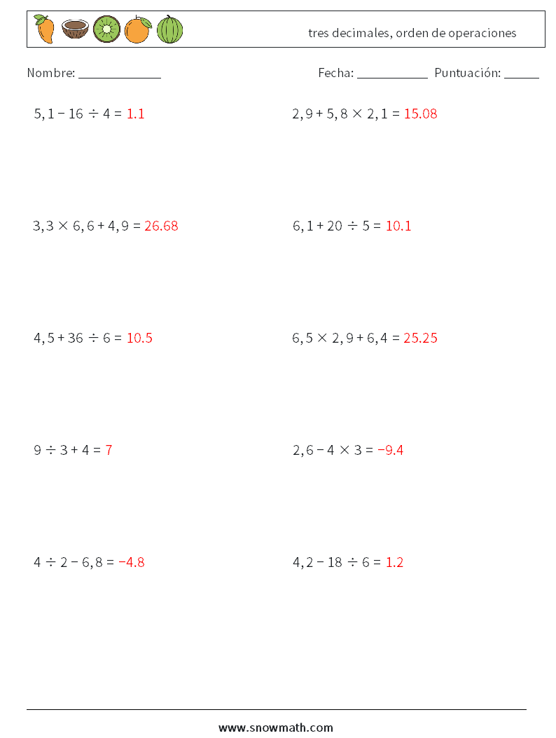 (10) tres decimales, orden de operaciones Hojas de trabajo de matemáticas 14 Pregunta, respuesta