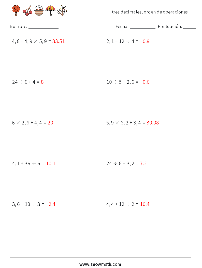 (10) tres decimales, orden de operaciones Hojas de trabajo de matemáticas 15 Pregunta, respuesta