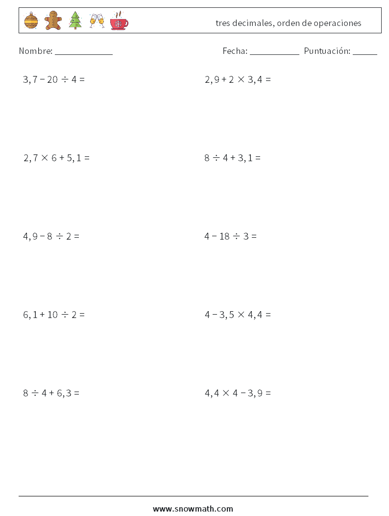 (10) tres decimales, orden de operaciones Hojas de trabajo de matemáticas 16