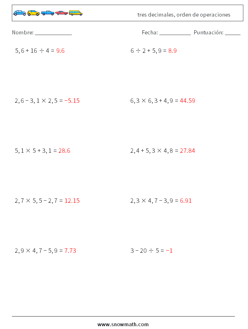 (10) tres decimales, orden de operaciones Hojas de trabajo de matemáticas 18 Pregunta, respuesta