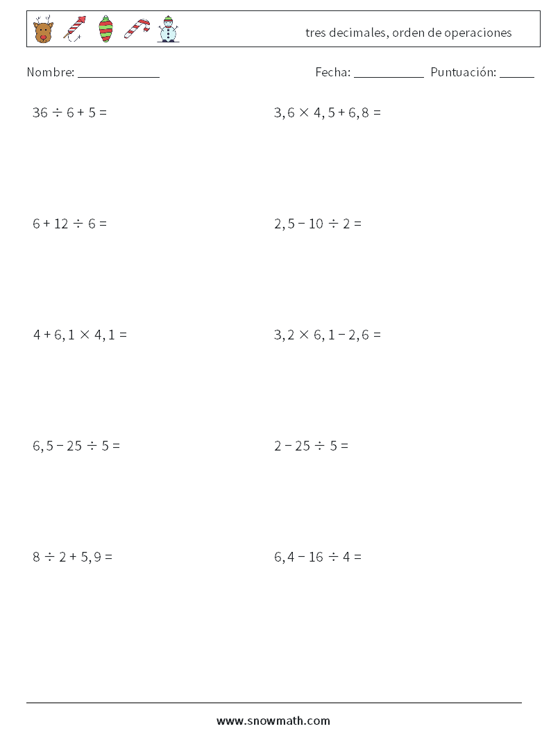 (10) tres decimales, orden de operaciones Hojas de trabajo de matemáticas 2