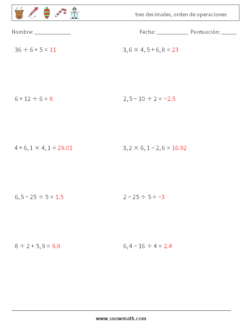 (10) tres decimales, orden de operaciones Hojas de trabajo de matemáticas 2 Pregunta, respuesta