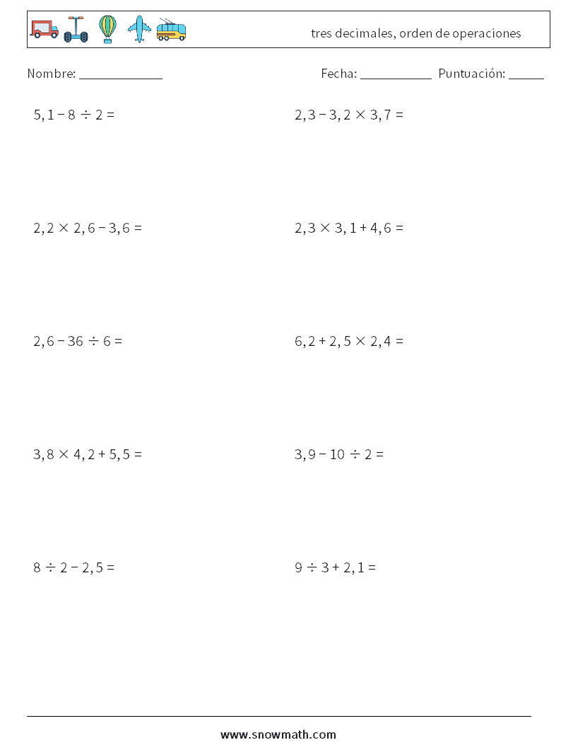 (10) tres decimales, orden de operaciones Hojas de trabajo de matemáticas 3