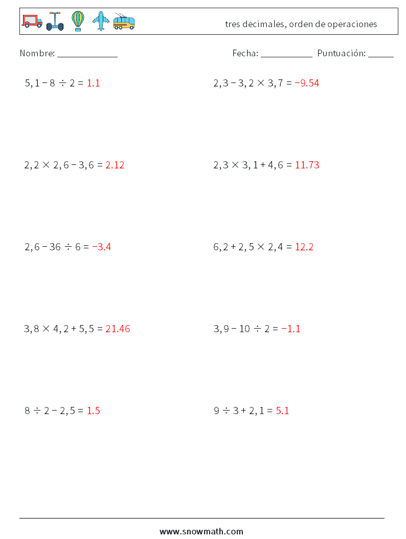 (10) tres decimales, orden de operaciones Hojas de trabajo de matemáticas 3 Pregunta, respuesta