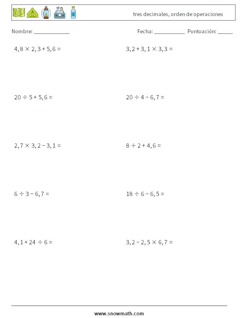 (10) tres decimales, orden de operaciones Hojas de trabajo de matemáticas 4