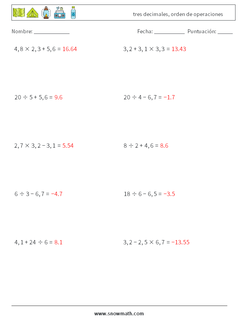 (10) tres decimales, orden de operaciones Hojas de trabajo de matemáticas 4 Pregunta, respuesta