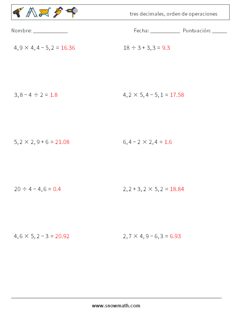 (10) tres decimales, orden de operaciones Hojas de trabajo de matemáticas 5 Pregunta, respuesta