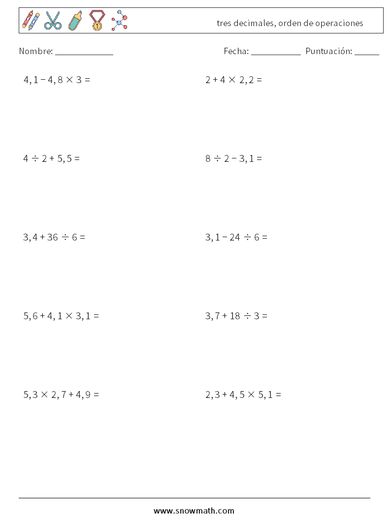 (10) tres decimales, orden de operaciones Hojas de trabajo de matemáticas 6