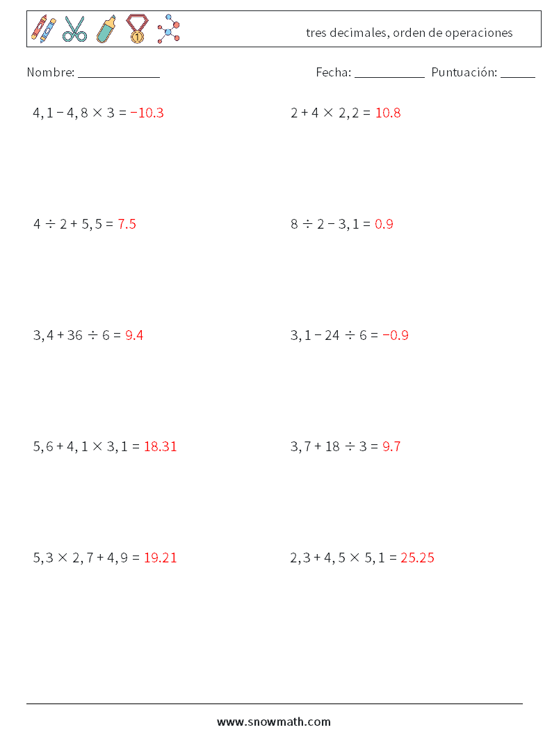 (10) tres decimales, orden de operaciones Hojas de trabajo de matemáticas 6 Pregunta, respuesta