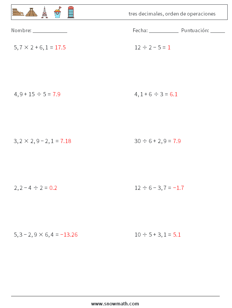 (10) tres decimales, orden de operaciones Hojas de trabajo de matemáticas 7 Pregunta, respuesta