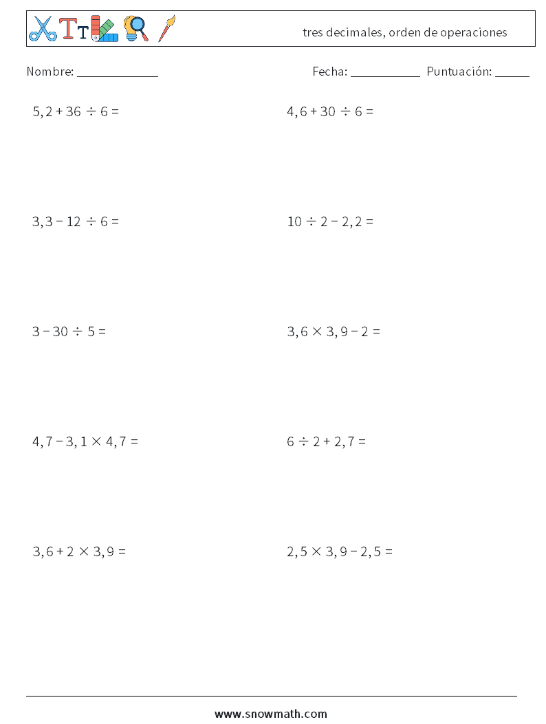 (10) tres decimales, orden de operaciones Hojas de trabajo de matemáticas 8